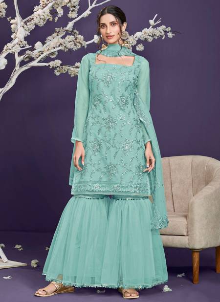 Teal Blue Colour Latest Heavy Festive Wear Butterfly Net With Embroidered Sharara Collection 2324-B